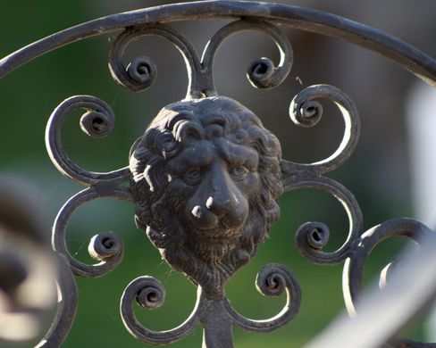 A wrought iron fence with a lion 's head on it