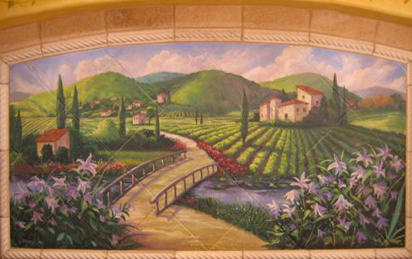 A painting of a vineyard with a bridge over a river.