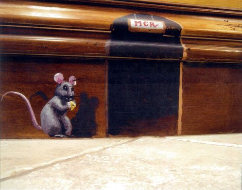 A painting of a mouse in front of a mouse hole that says mcr