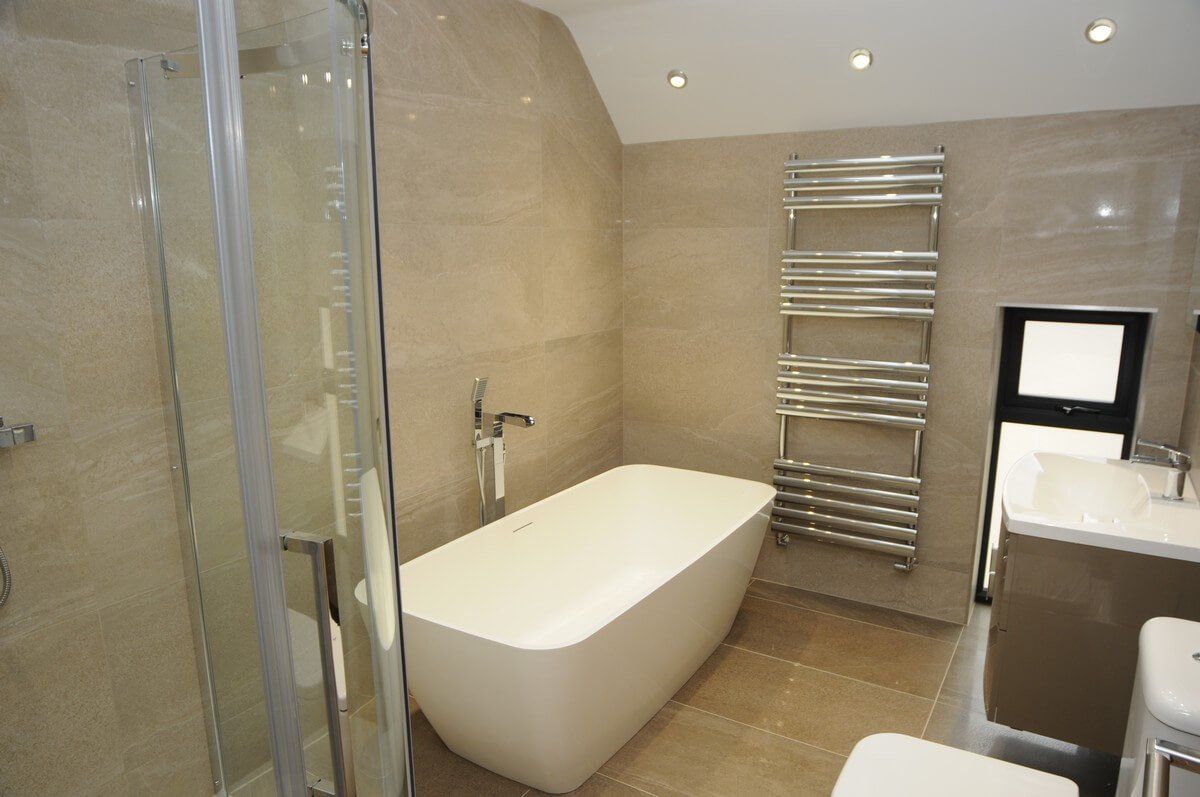 modern bathroom with white bathtub