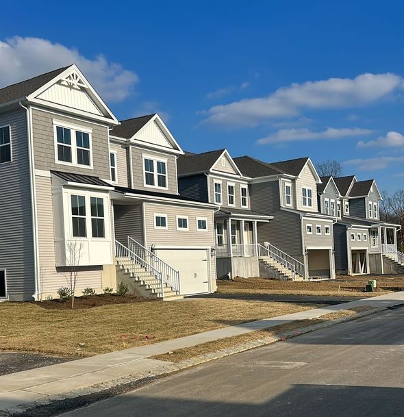 A row of freshly painted houses on a sunny day with a blue sky.
