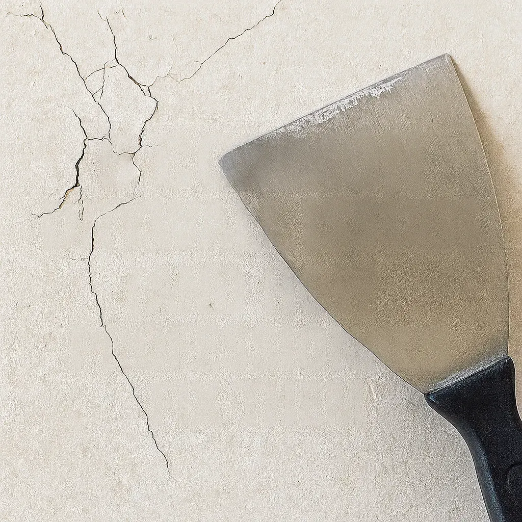 Cracked drywall repair tools on beige wall — professional drywall repair and finishing by Oasis Painting & Drywall LLC in Montgomery County, Pennsylvania.
