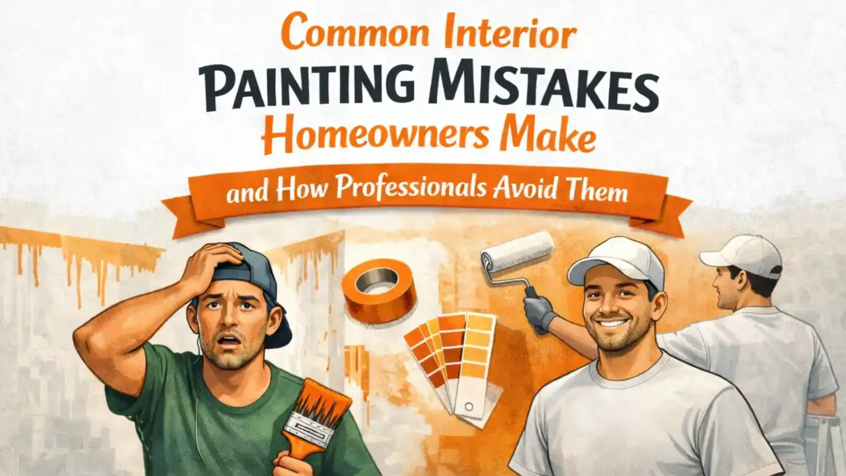 Illustration of common painting mistakes; includes distressed man, tape, paint swatches, and two painters with a roller.