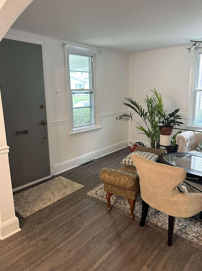 A living room with a sofa, a chair, a table, and a plant that is painted white in Montgomery County.