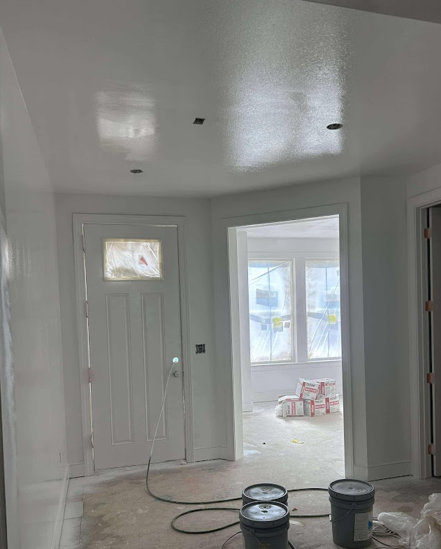 A hallway with white walls and a white door is being painted.