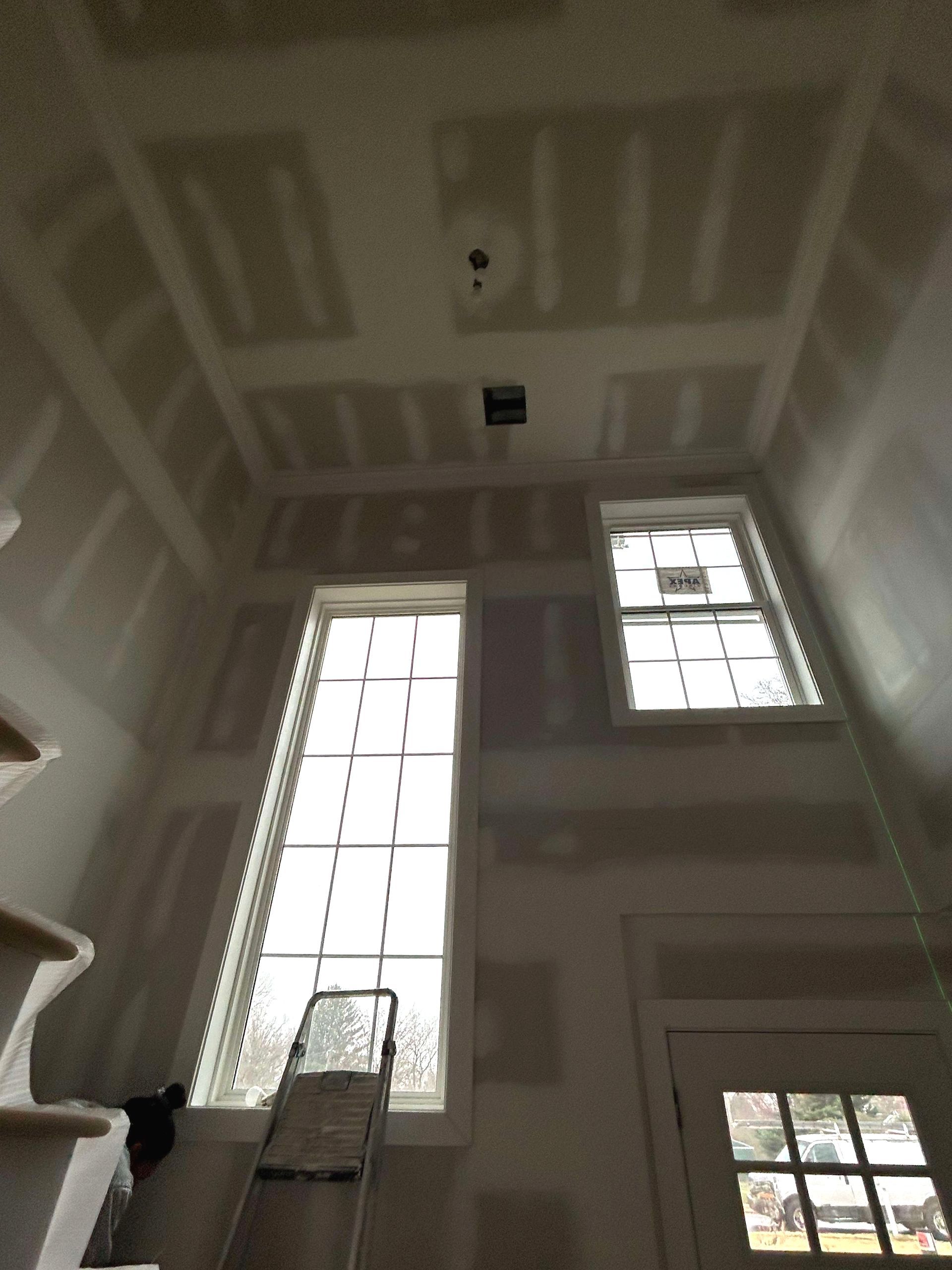 A room with two windows and a ladder in it.
