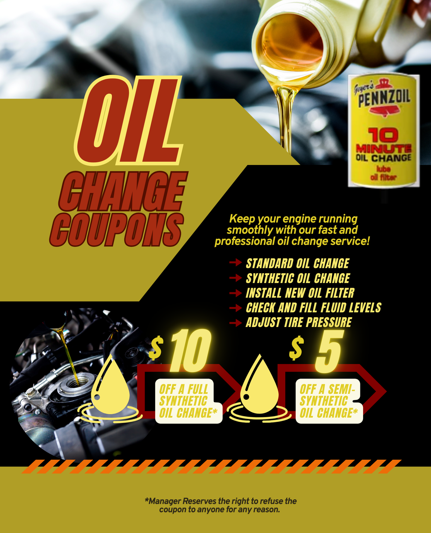 An advertisement for pennzoil oil change coupons