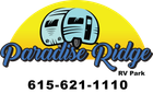 Paradise Ridge RV Park logo with two blue RVs, yellow sun, and phone number.