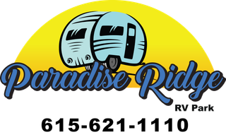 Paradise Ridge RV Park logo with two blue RVs, yellow sun, and phone number.