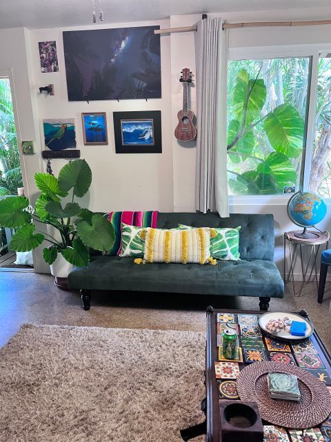 Cozy living room with a green couch, plants, artwork, and a window with lush greenery.
