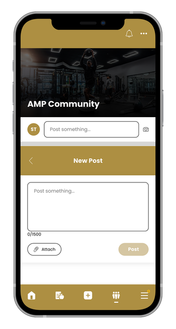 Mobile app: AMP Community home screen with a text input field for a new post. Gold and dark theme.