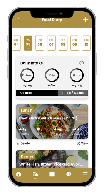 A smartphone displaying a nutrition app interface with daily intake metrics and recipe previews.