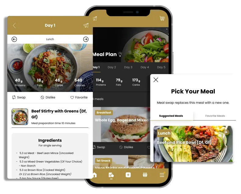 Mobile app showcasing meal planning features with food images.