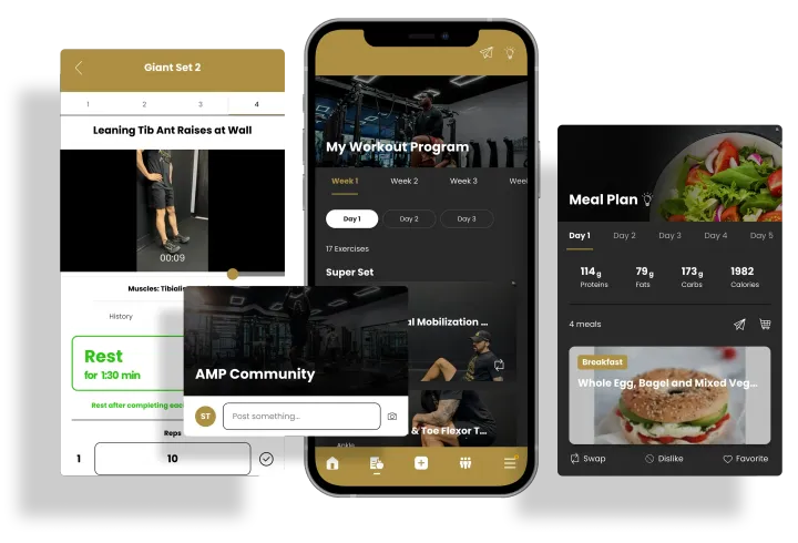 Mobile app interface screens showcasing fitness content: workout video, community features, and healthy recipes.