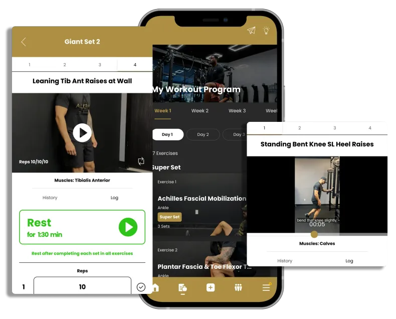 Mobile app showing workout routines with videos and exercise tracking. Golden and black color scheme.
