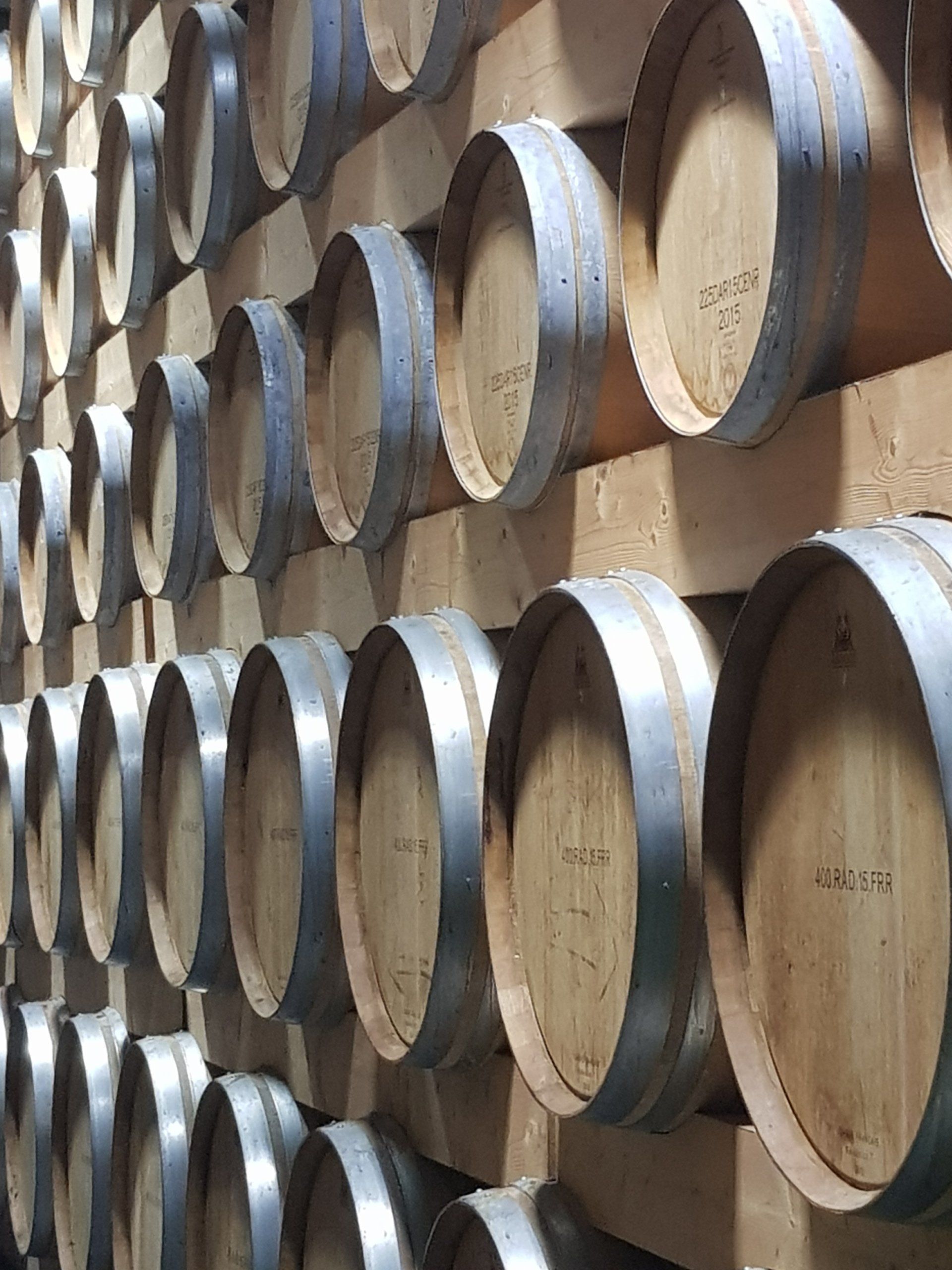 stacked oak wine barrels