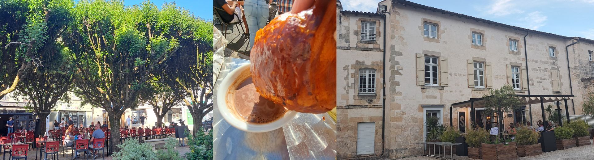 restaurant under the trees, a croissant dunked in hot chocolate and a restaurant with outdoor terrace