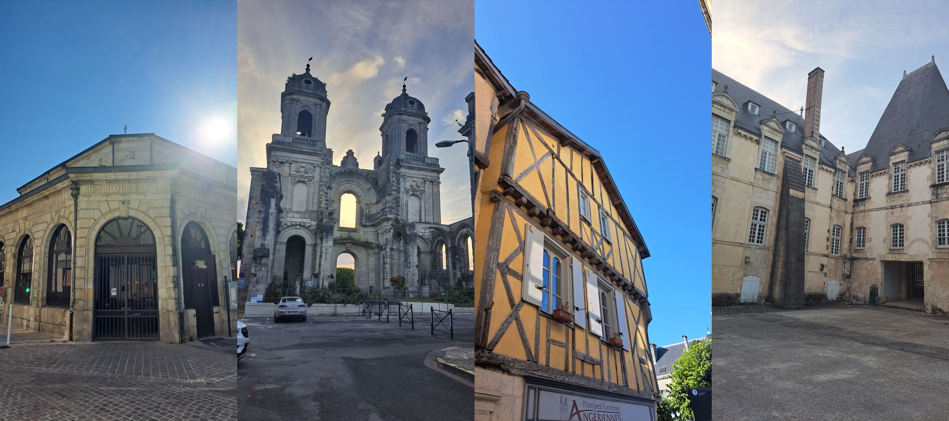 historic buildings in st jean d'angely including wooden framed houses, stone towers and slate roofs