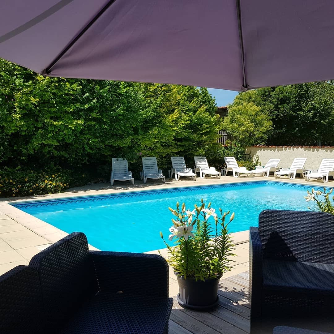 View of a swimming pool surrounded by sunbeds