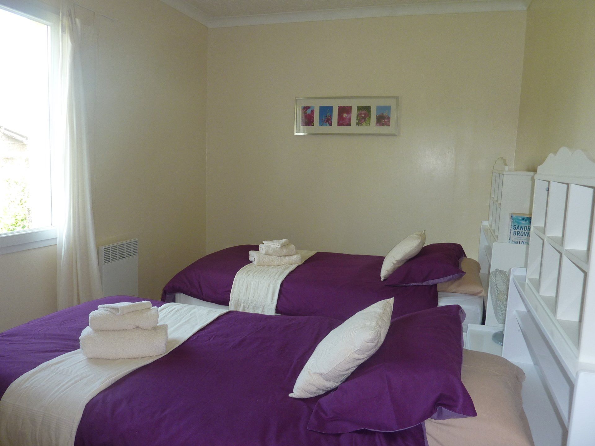 two single beds with purple bedding