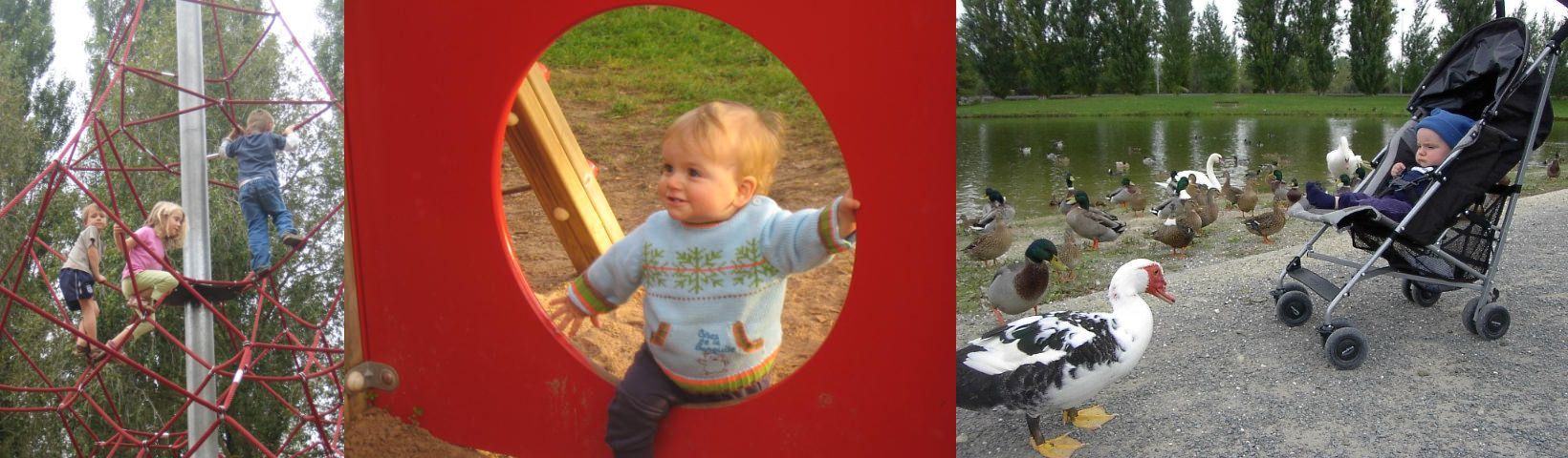 children playing in a park and a baby in a pram looking at the ducks