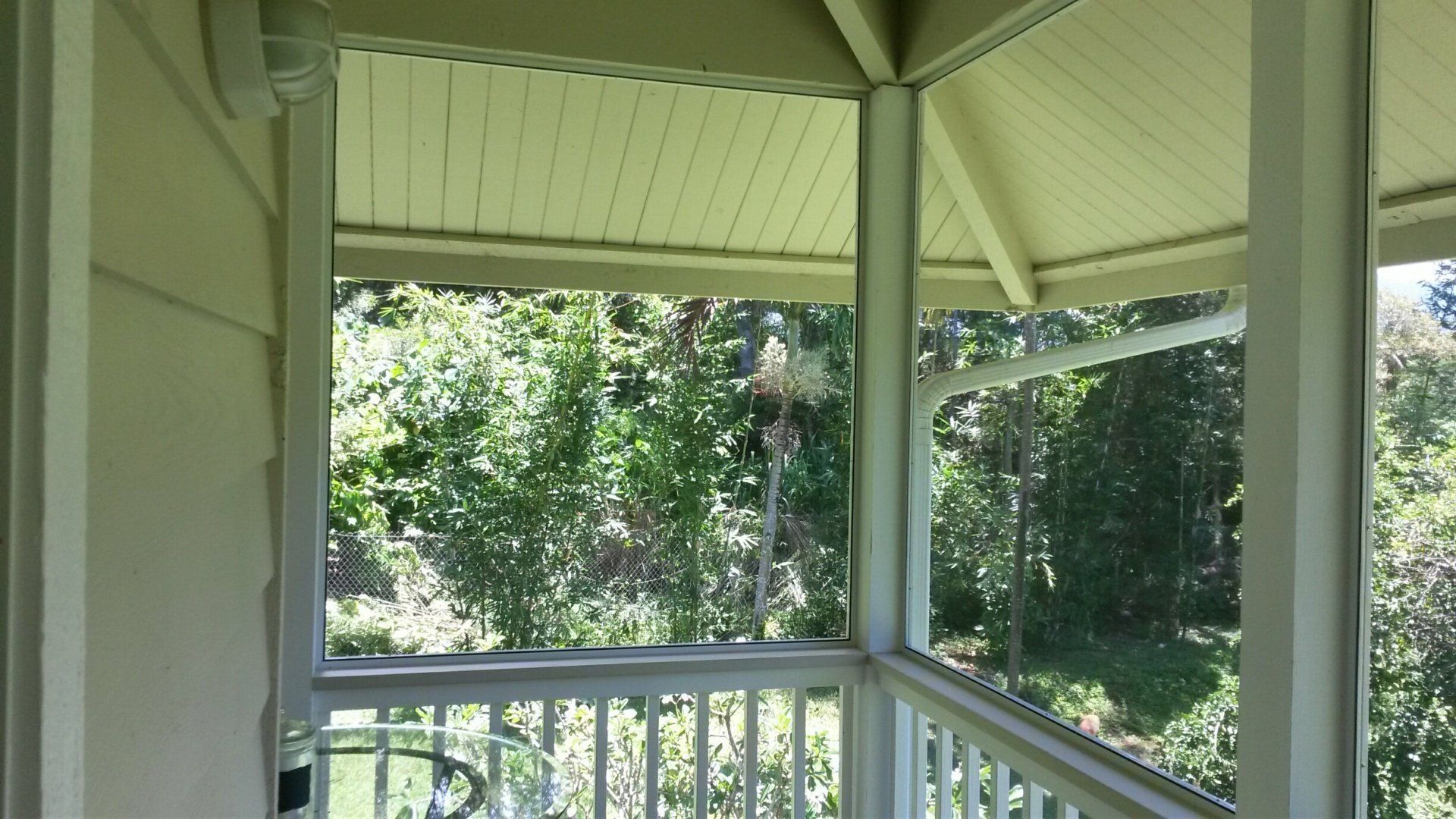 Screened gazebo overlooking lush green trees, with white railing and trim.