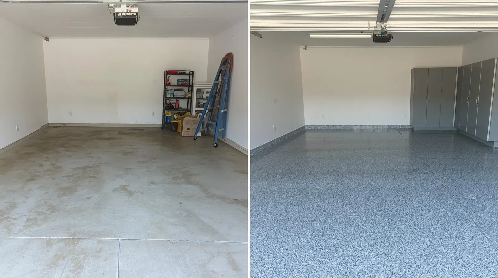 Before and after transformation with flake epoxy floors in an Orlando garage