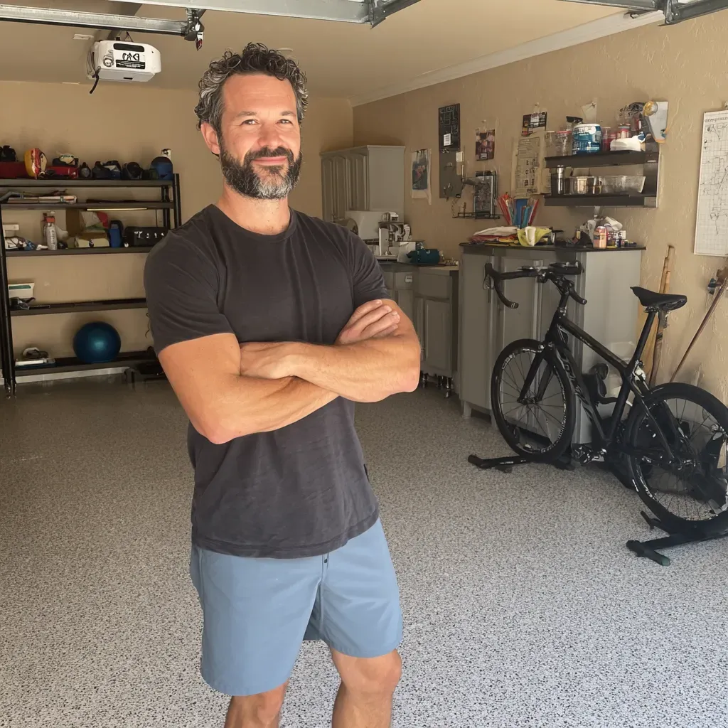 Orlando homeowner enjoying a clean garage with flake epoxy floor system
