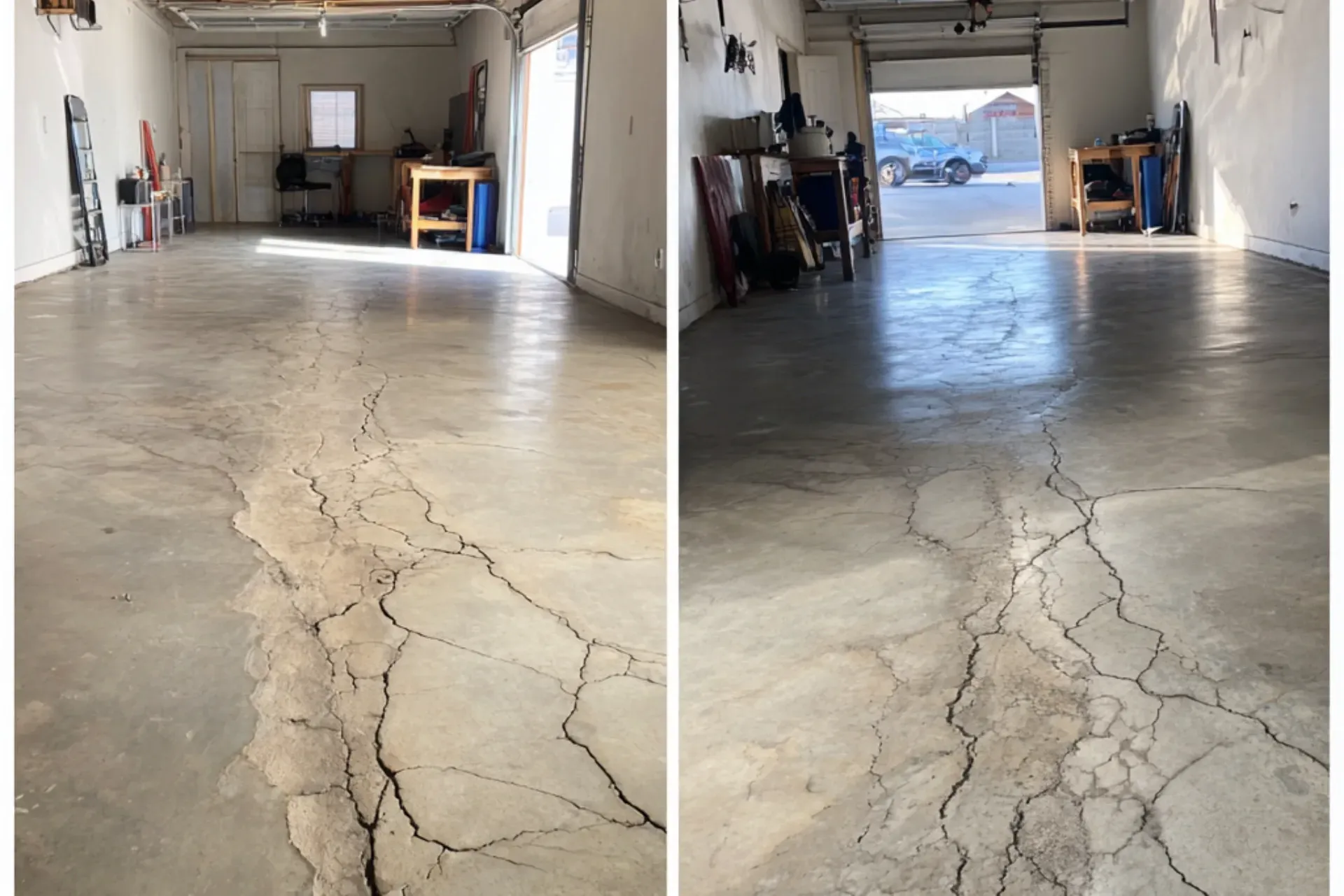 damaged garage concrete before epoxy Sanford

