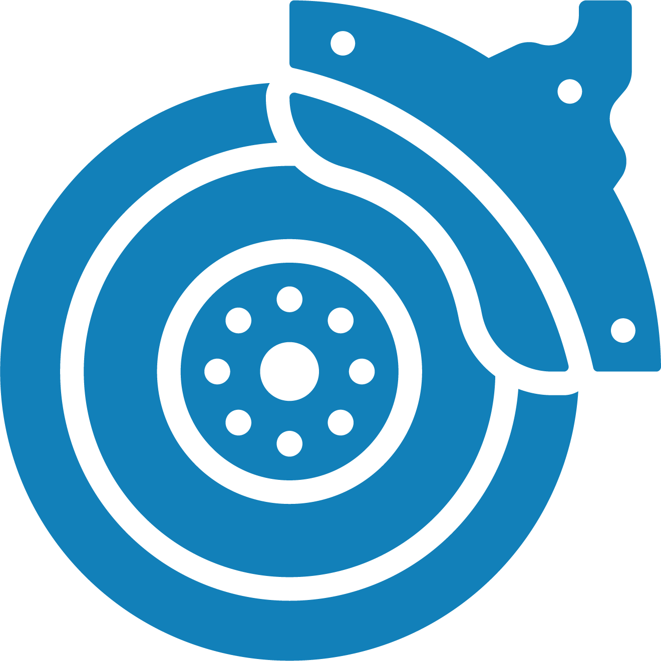 A blue icon of a brake disc with a brake pad attached to it.