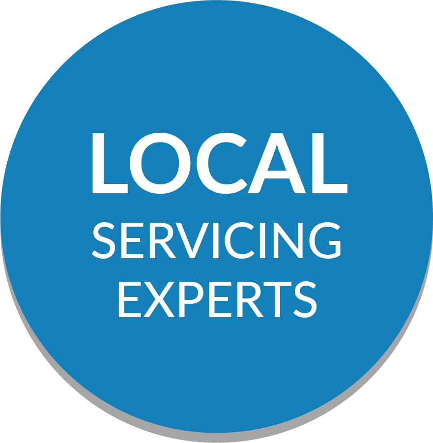 A blue circle with the words local servicing experts on it