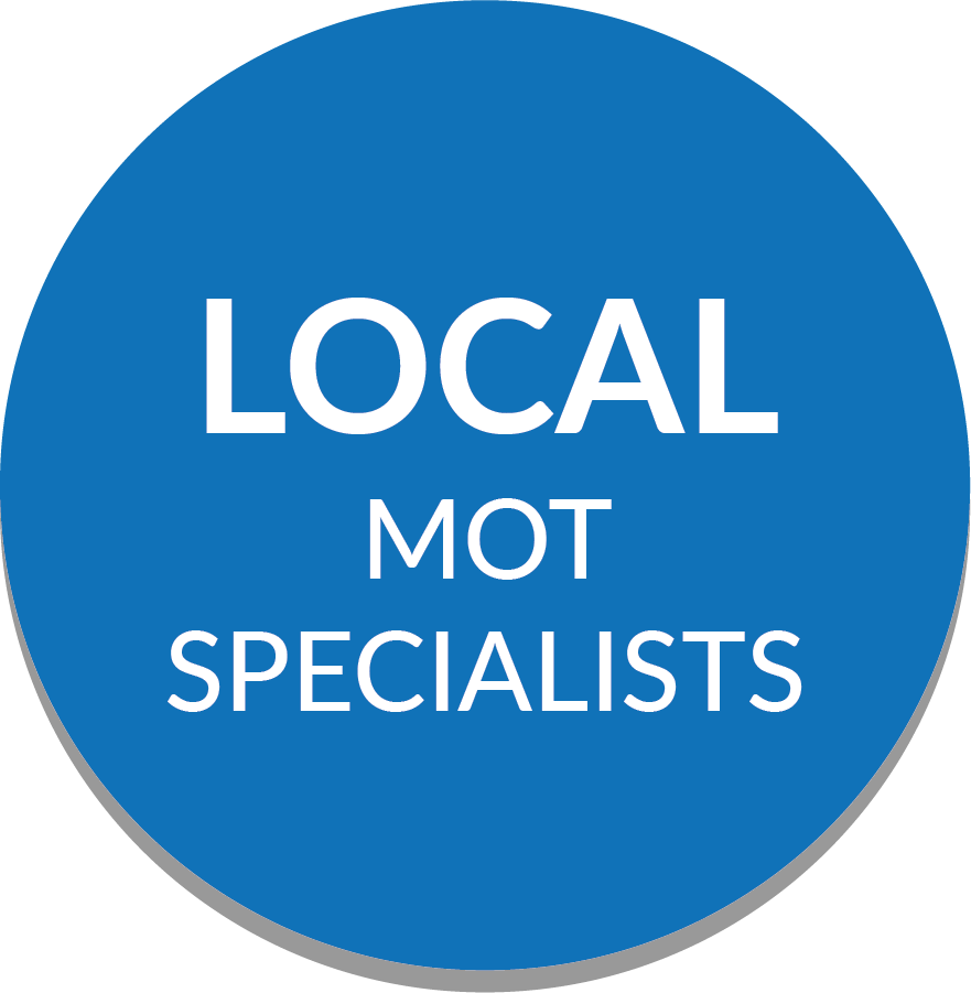 A blue circle with the words local mot specialists on it