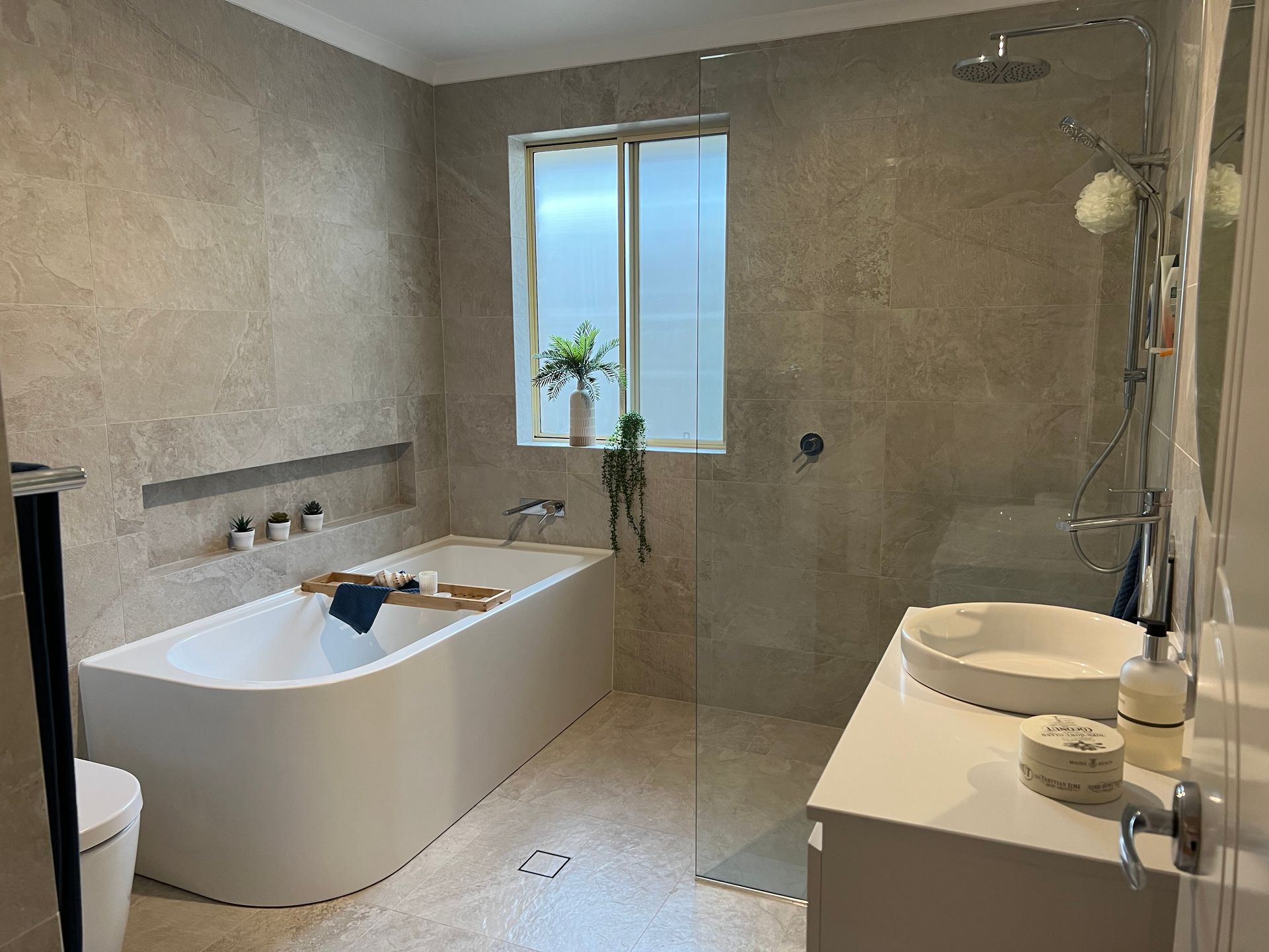 Bathroom Interior With Beige Tile Walls — L.L Projects in Forster, NSW