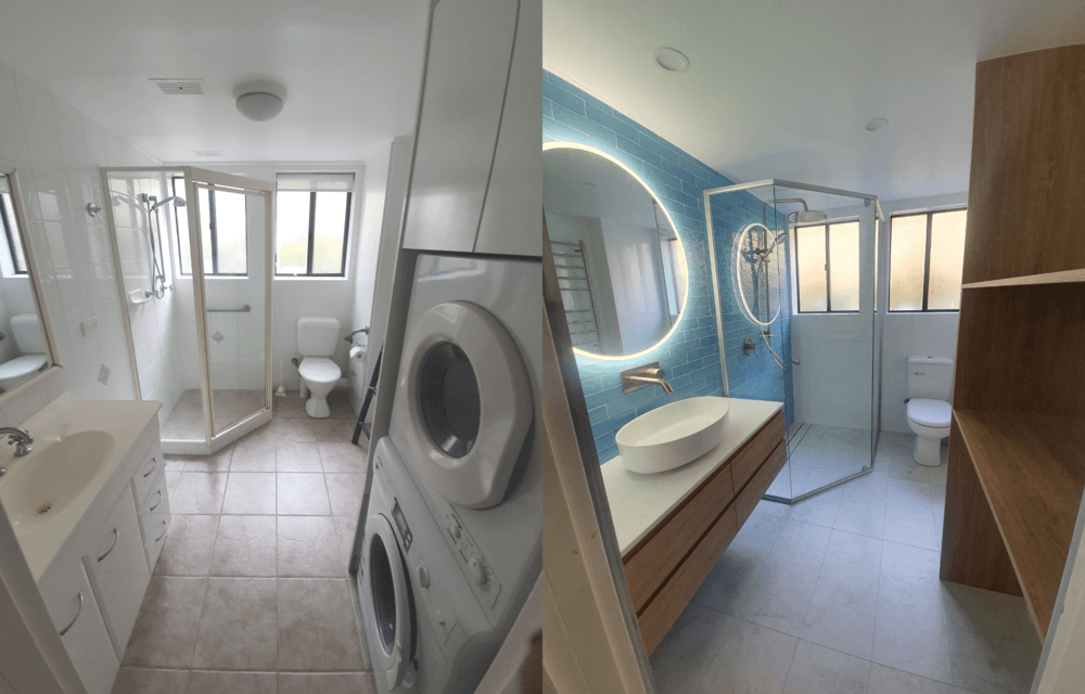 A Before and After Photo of A Bathroom with A Washer and Dryer — L.L Projects in Old Bar, NSW