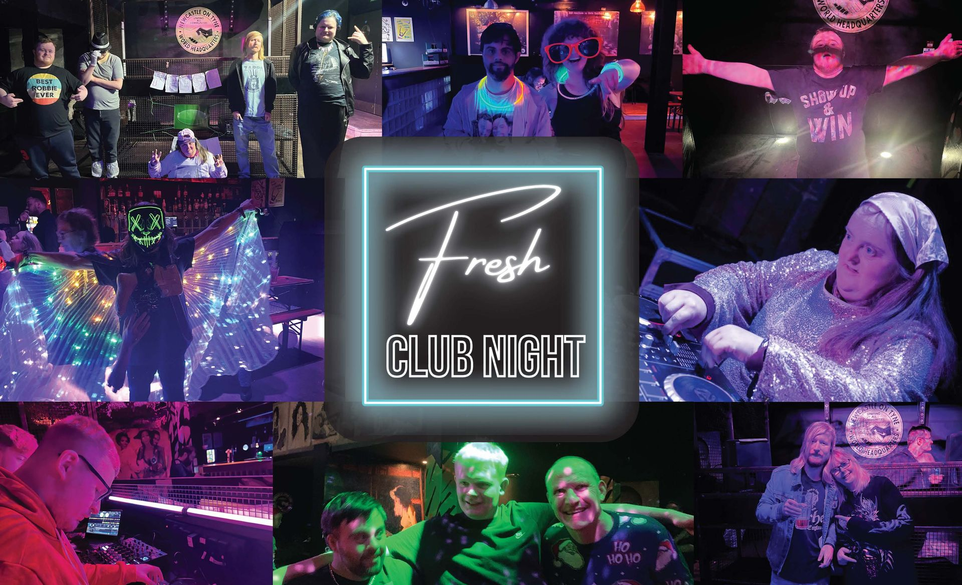 Image of people in a dark night club, with neon lights. Text over the image reads Fresh club night, The Valentine's Remix. Join us for a fun filled night with the greatest ballads and all of your favourite love songs