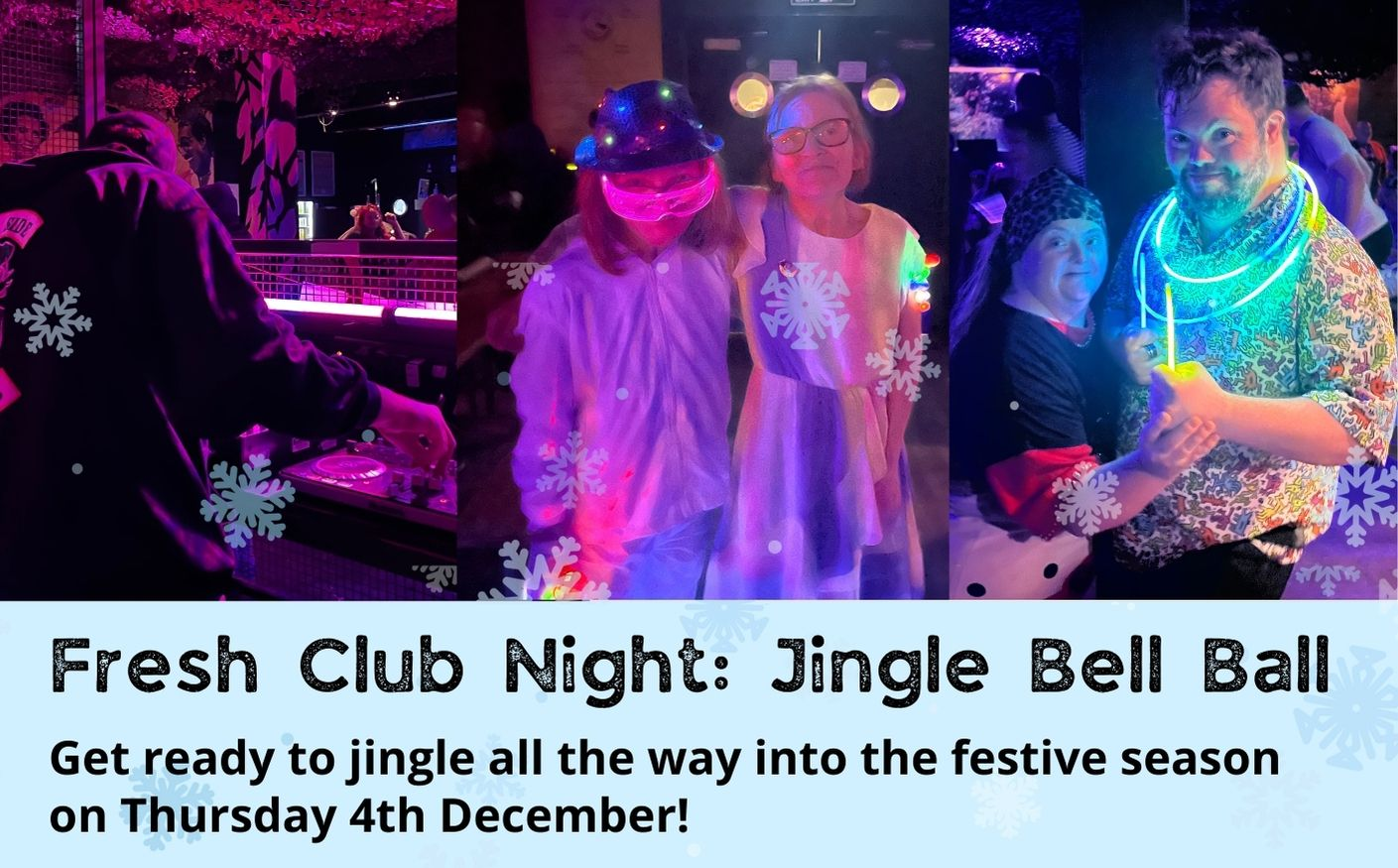 DJ stood at the decks in a dark nightclub with neon pink lights. In the background people are dancing.