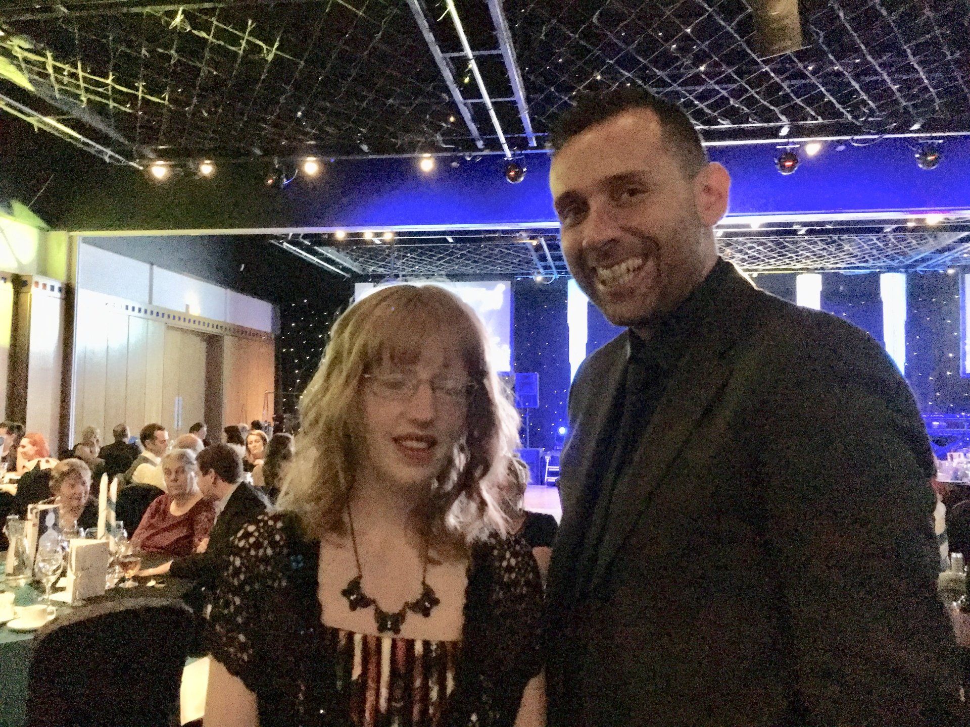 Jay with one of the twisting ducks actors at an awards ceremony.