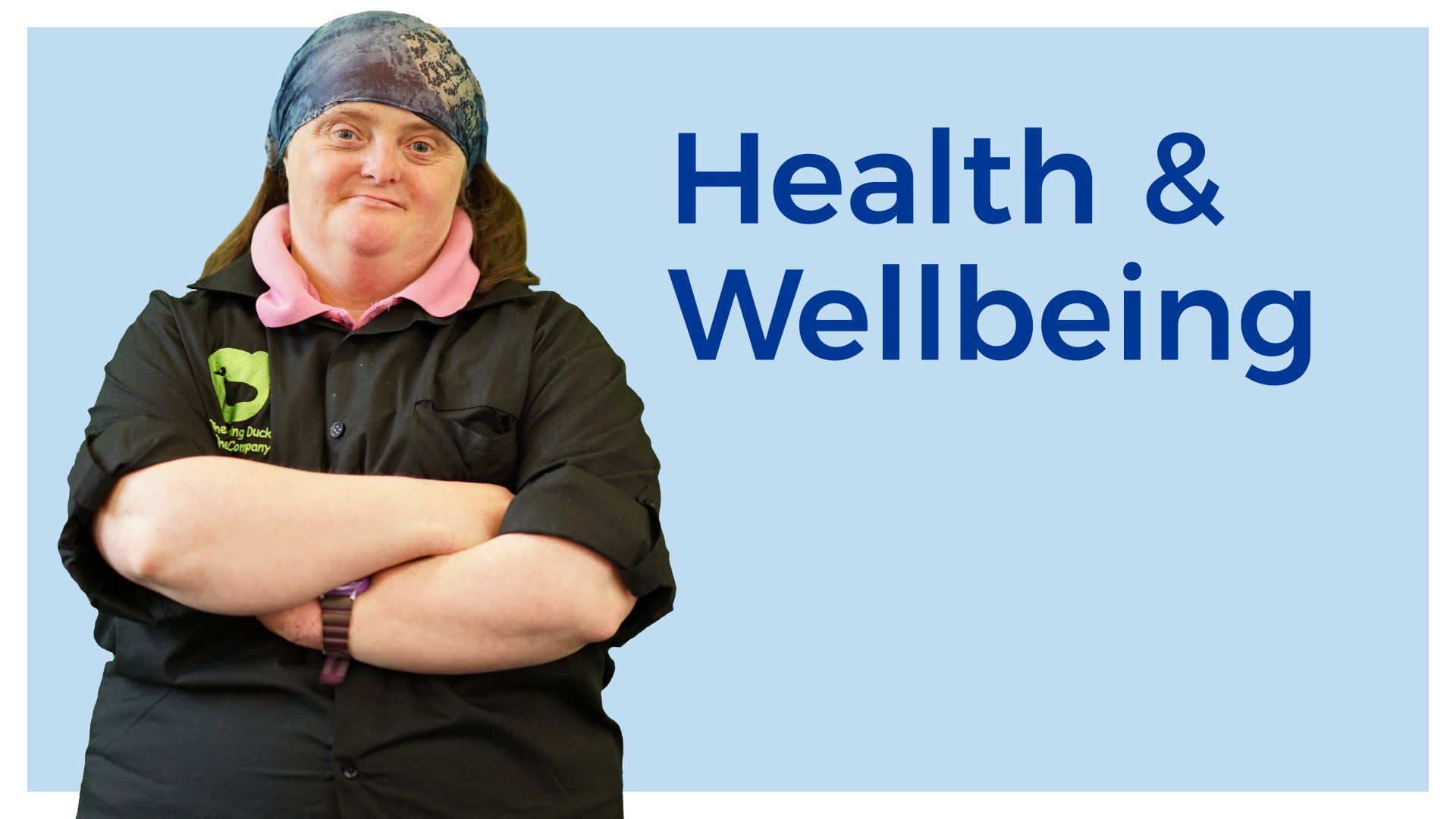 Text saying Health and wellbeing with a smiling person next to the text