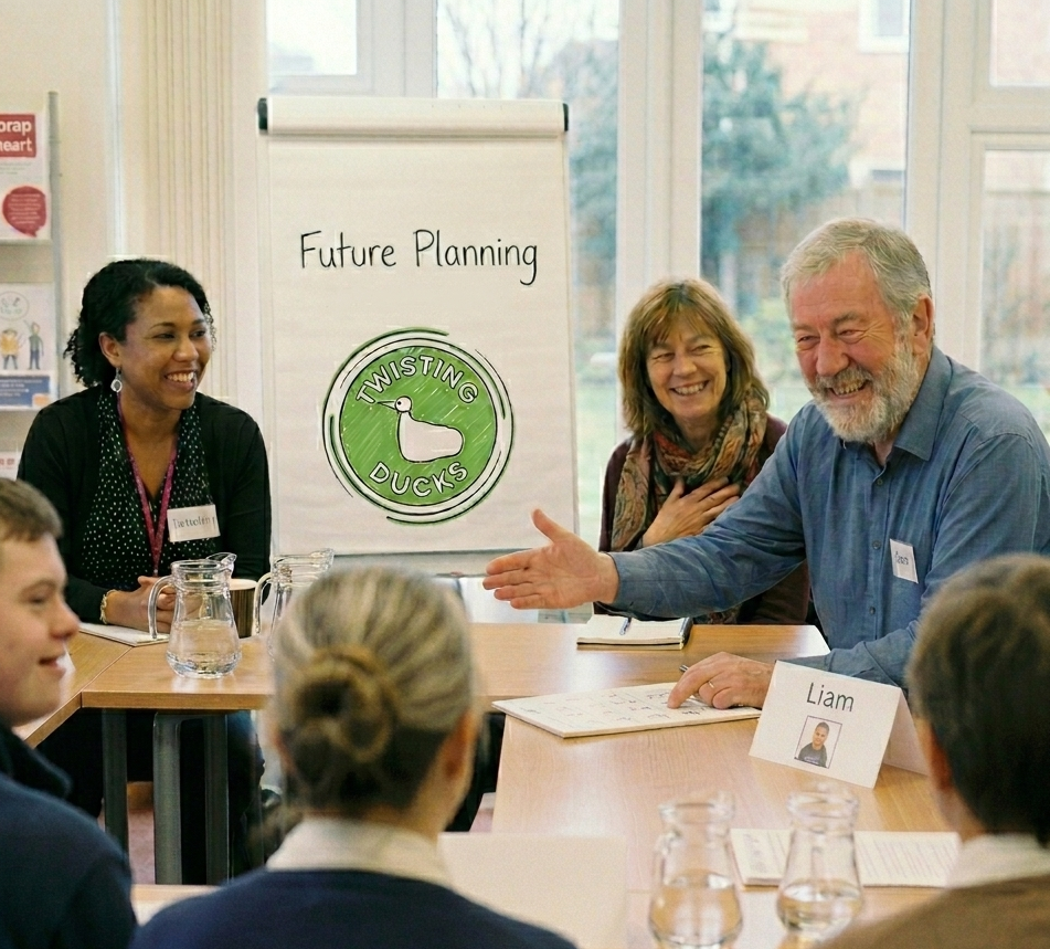 AI generated image of parent/carers sat around a table in a bright room smiling. A flipchart has the words Future Planning and The Twisting Duck logo.