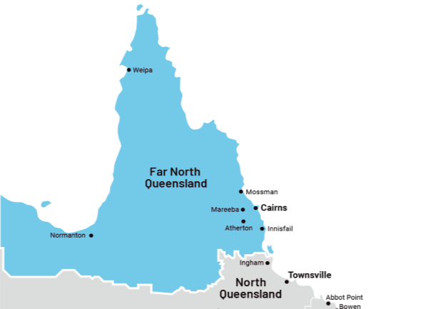Map of Queensland, Australia, highlighting Far North and North Queensland regions, with labeled cities.