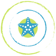 Blue starfish with white dots on green circle, inside blue and green brushstroke circles.