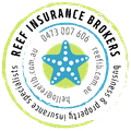 Logo for Reef Insurance Brokers. Blue starfish, green and blue circles, text and contact information.