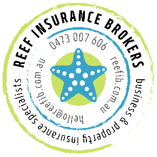 Reef Insurance Brokers logo with starfish, phone number, email and website address in a circular design.