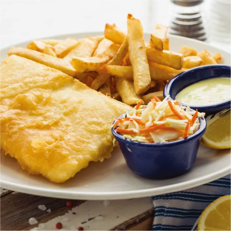 photo of fish and chips with coleslaw