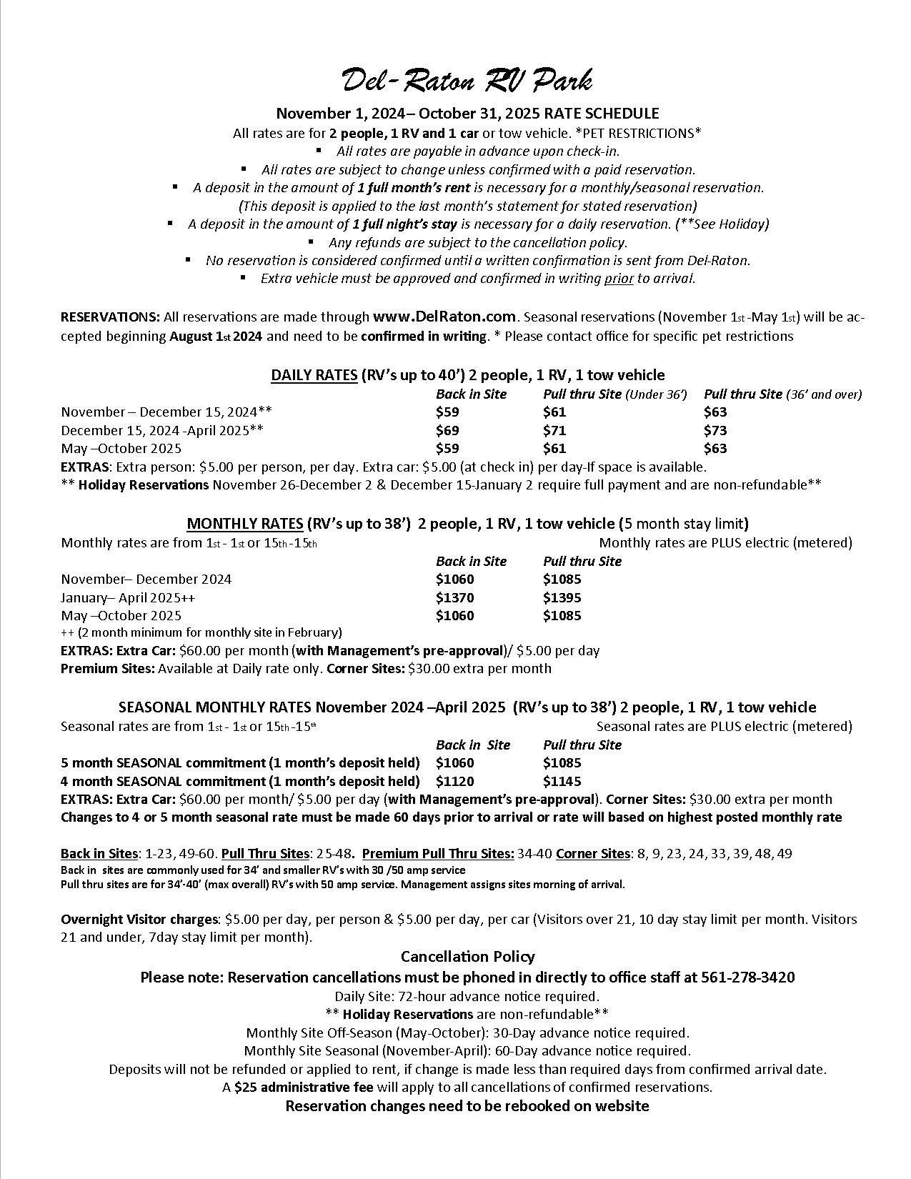 Rate Information 2024-25 — Delray Beach, FL — Del-Raton RV Park & Trailer Sales