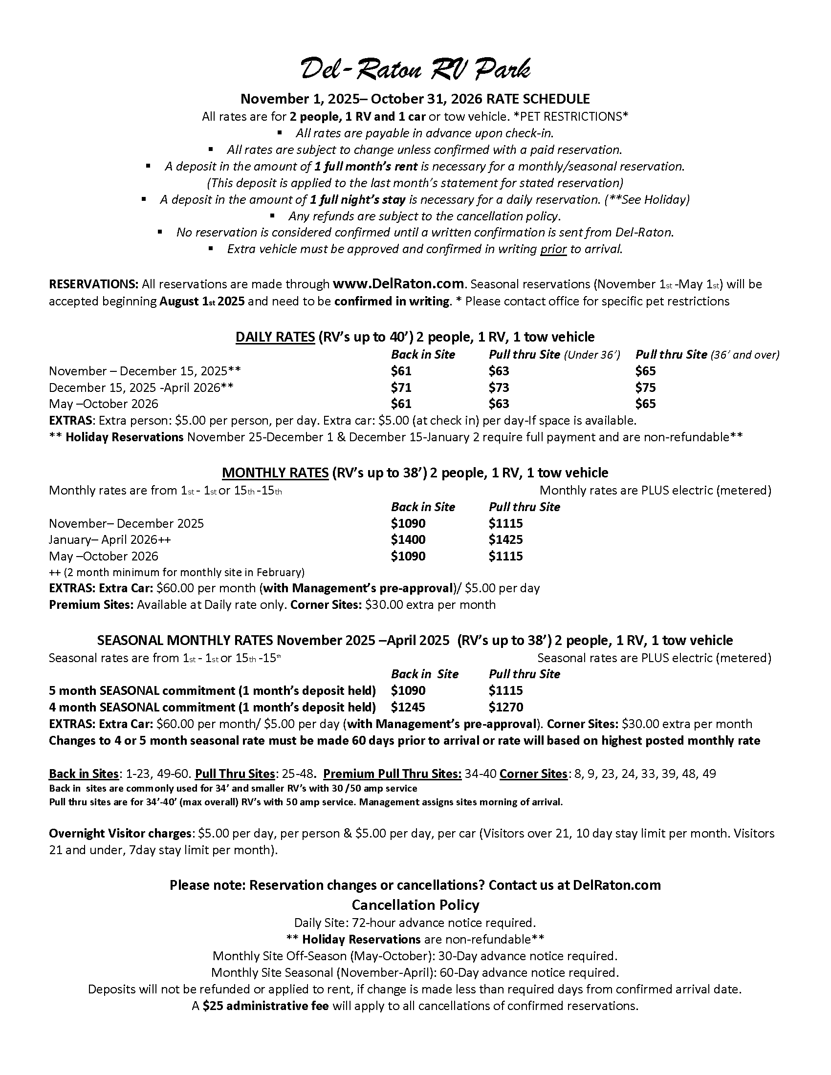 Rate Information 2025-26 — Delray Beach, FL — Del-Raton RV Park & Trailer Sales