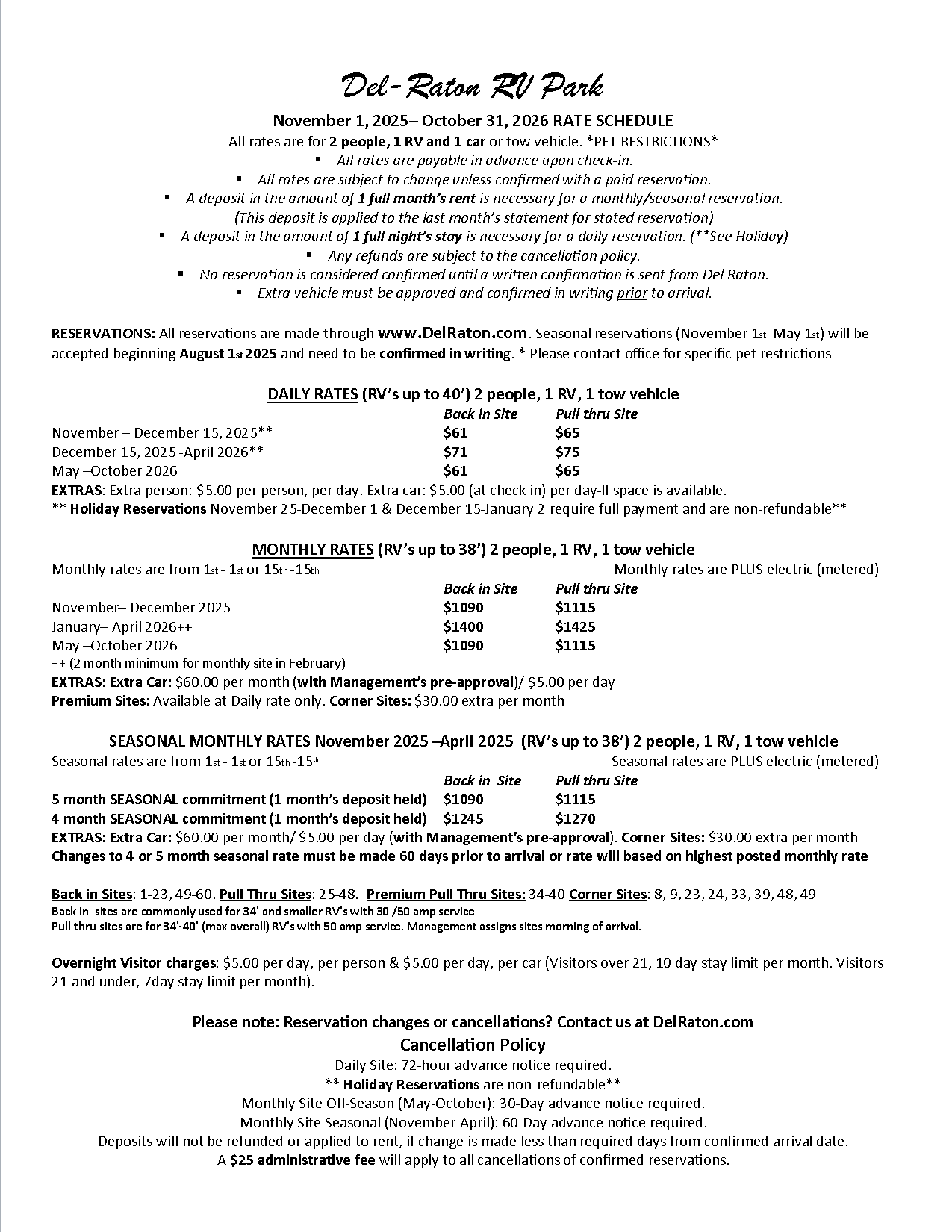 Rate Information 2025-26 — Delray Beach, FL — Del-Raton RV Park & Trailer Sales