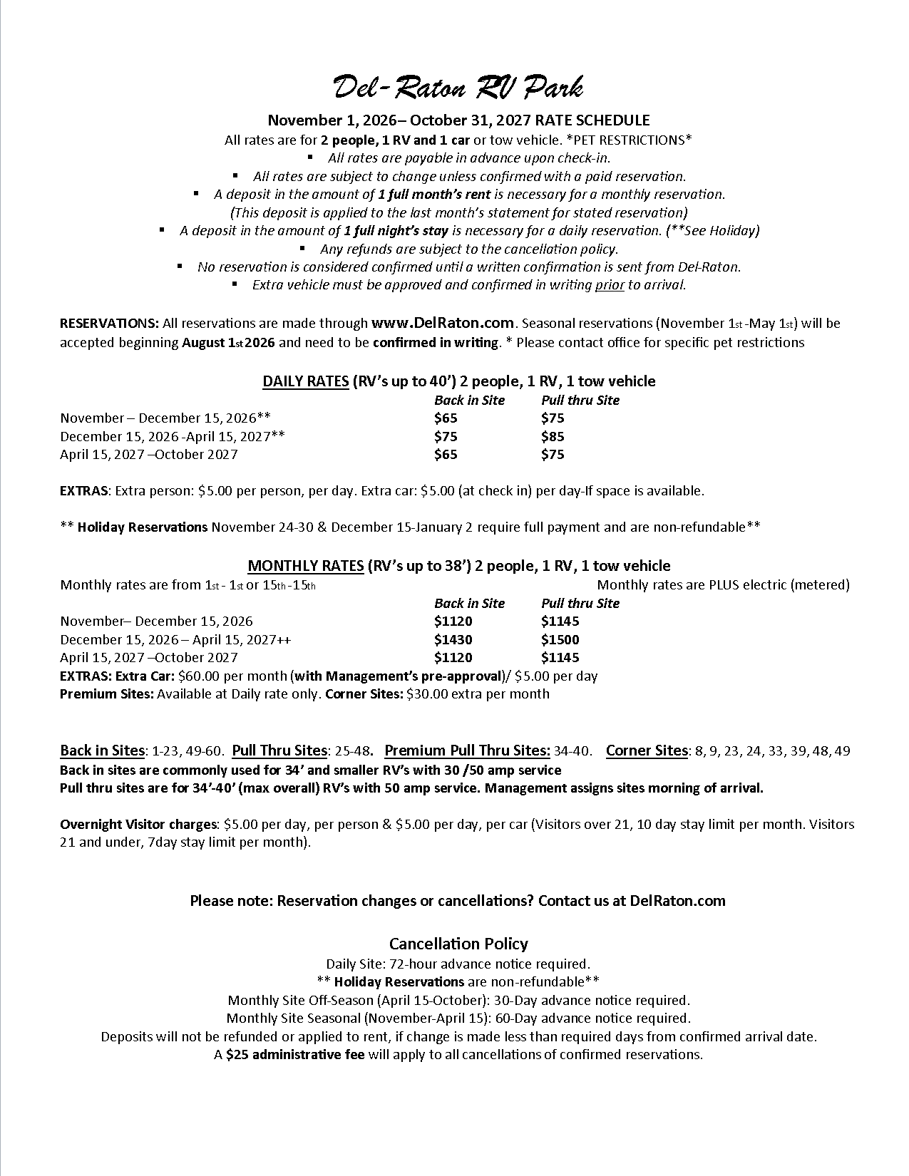 Rate Information 2025-26 — Delray Beach, FL — Del-Raton RV Park & Trailer Sales