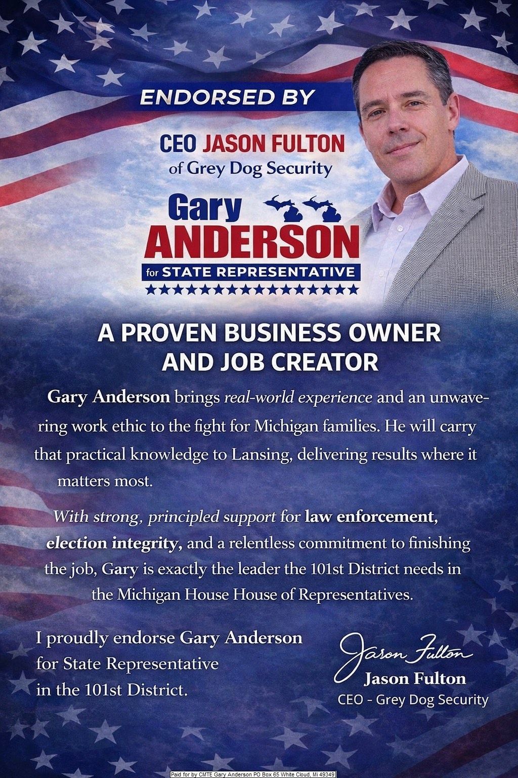 Political ad endorsing Gary Anderson, Michigan State Representative. Features his photo, endorsement from Jason Fulton, and patriotic background.