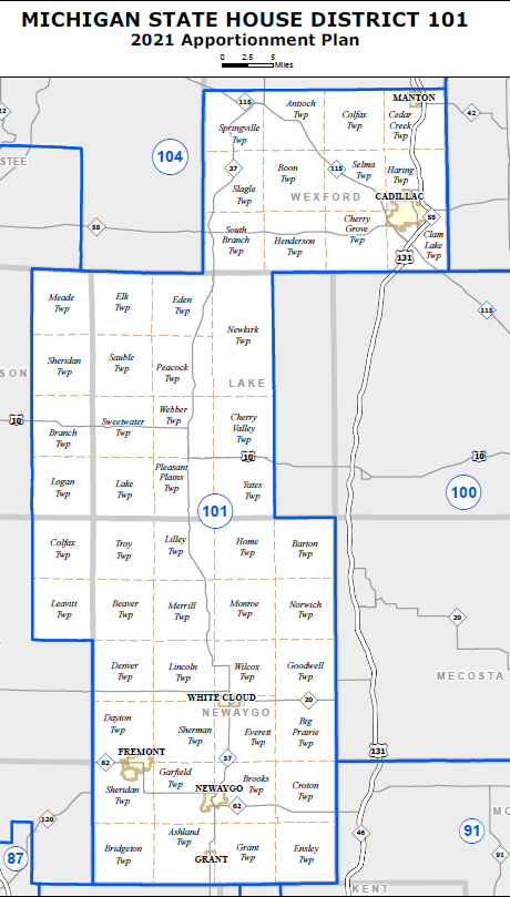 Map of Michigan State House District 101, showing its 2021 apportionment plan and the included townships and cities.